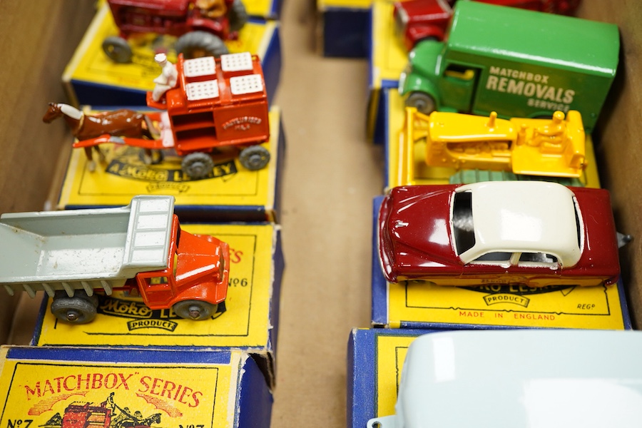 Ten boxed Matchbox Series 1-75 regular wheels vehicles; 1; Aveling Barford Road Roller, 3; Cement Mixer, 4; Massey Harris Tractor, 6; Quarry Truck (flaps on one end reattached with tape repair), 7; Horse drawn milk float